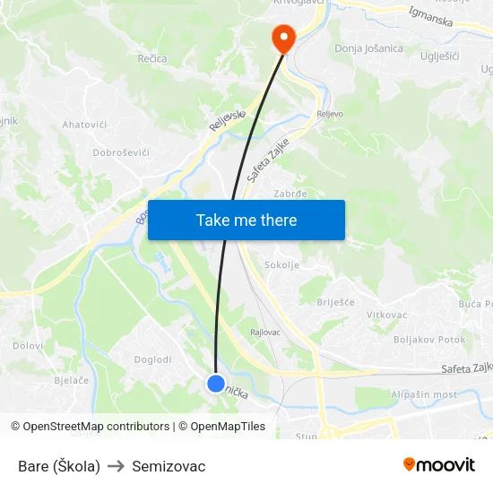 Bare (Škola) to Semizovac map