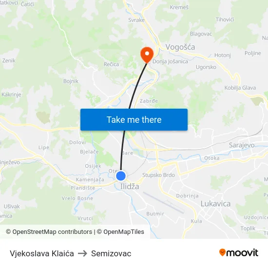 Vjekoslava Klaića to Semizovac map