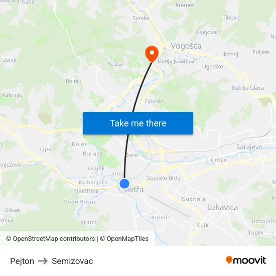 Pejton to Semizovac map