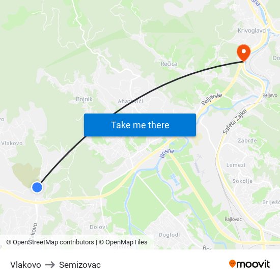 Vlakovo to Semizovac map