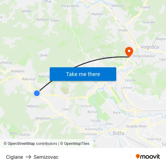 Ciglane to Semizovac map