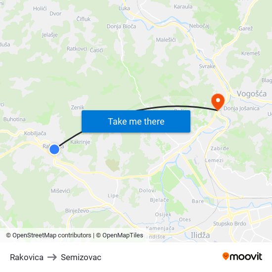 Rakovica to Semizovac map