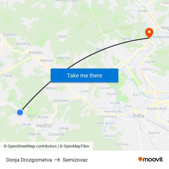 Donja Drozgometva to Semizovac map