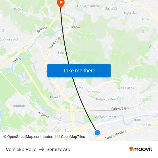 Vojničko Polje to Semizovac map