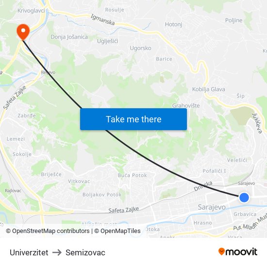 Univerzitet to Semizovac map