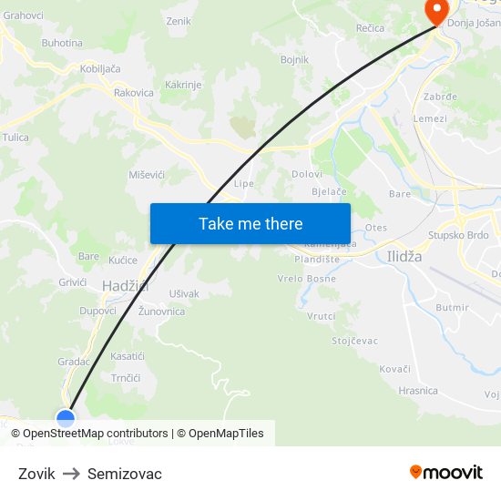 Zovik to Semizovac map