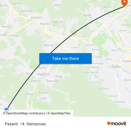 Pazarić to Semizovac map