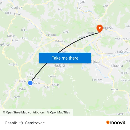 Osenik to Semizovac map