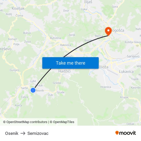 Osenik to Semizovac map