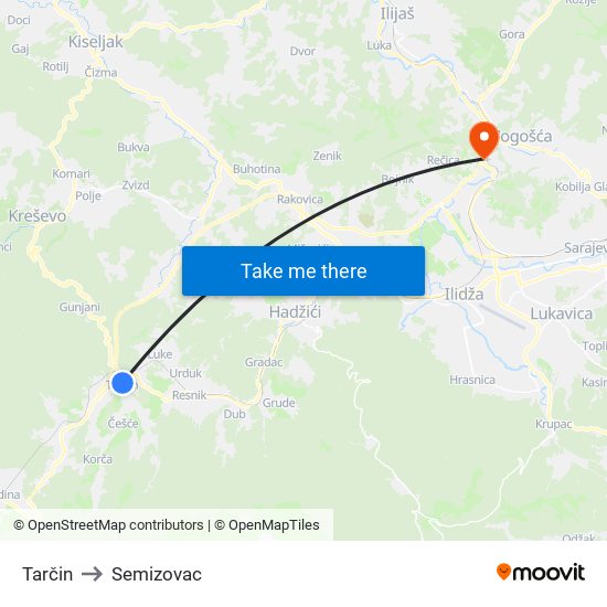 Tarčin to Semizovac map