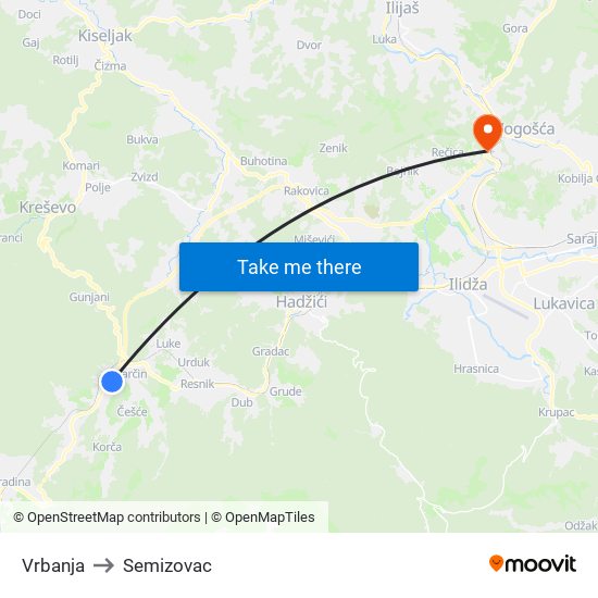 Vrbanja to Semizovac map