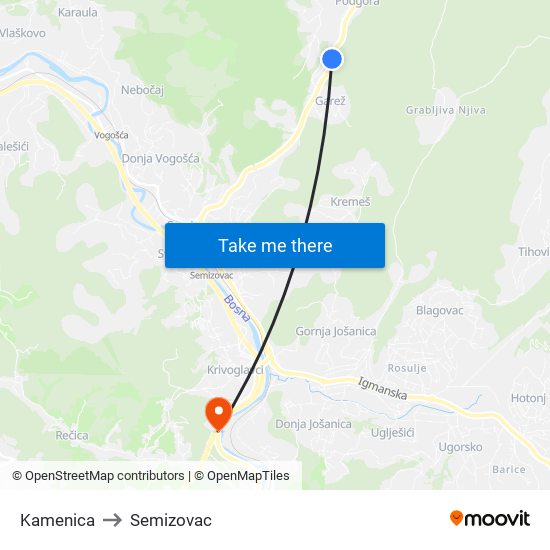 Kamenica to Semizovac map