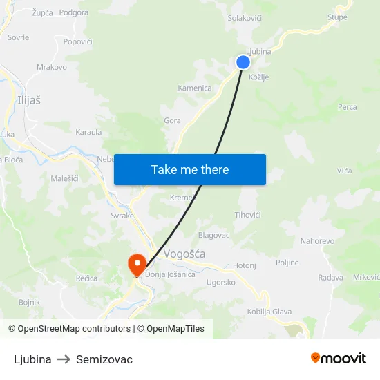 Ljubina to Semizovac map