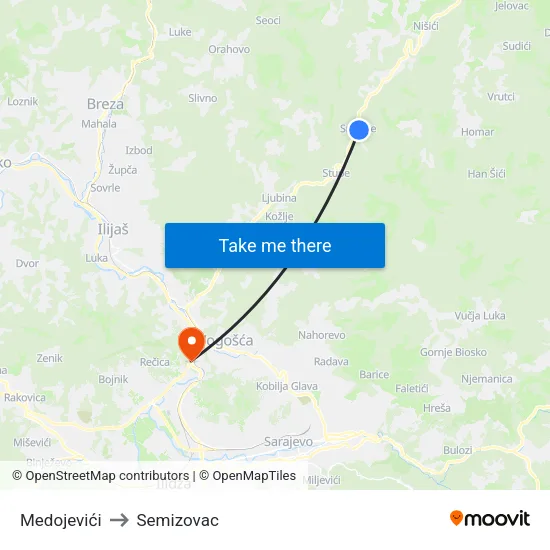 Medojevići to Semizovac map