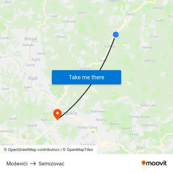 Moševići to Semizovac map