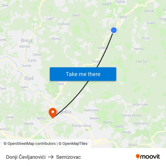 Donji Čevljanovići to Semizovac map