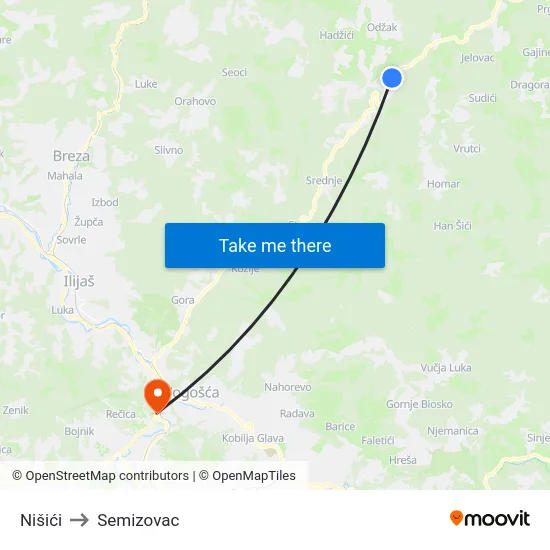 Nišići to Semizovac map