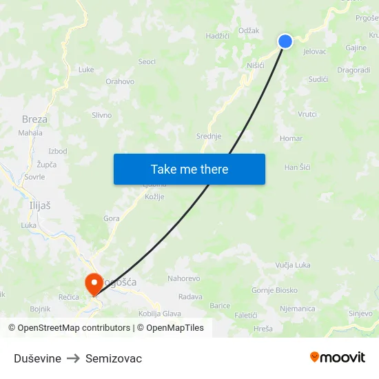 Duševine to Semizovac map