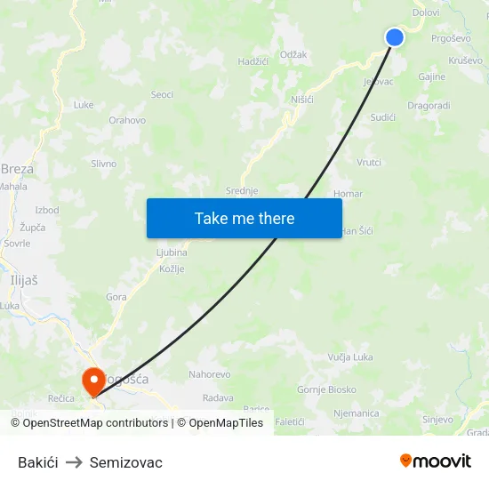 Bakići to Semizovac map