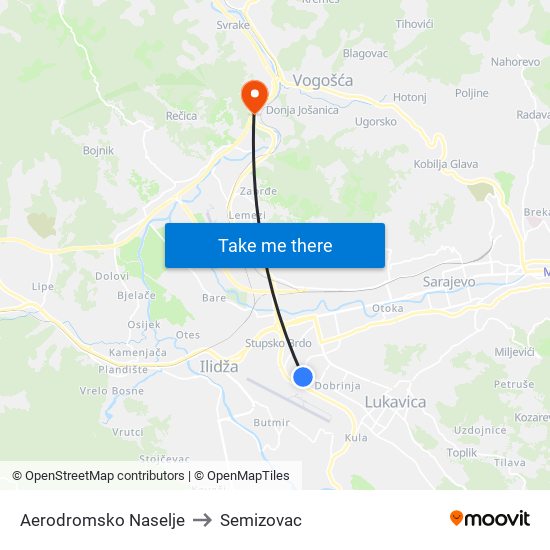 Aerodromsko Naselje to Semizovac map