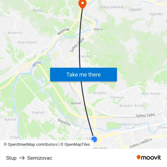 Stup to Semizovac map