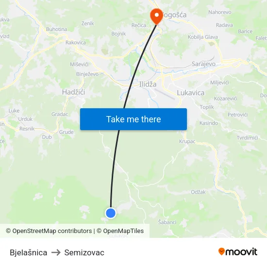 Bjelašnica to Semizovac map