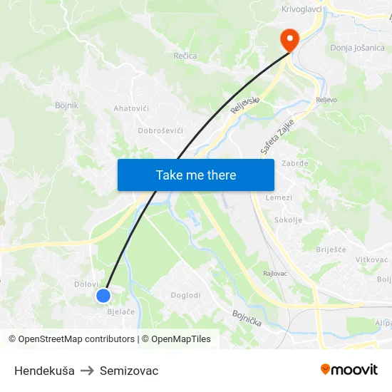 Hendekuša to Semizovac map