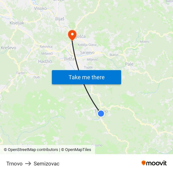 Trnovo to Semizovac map