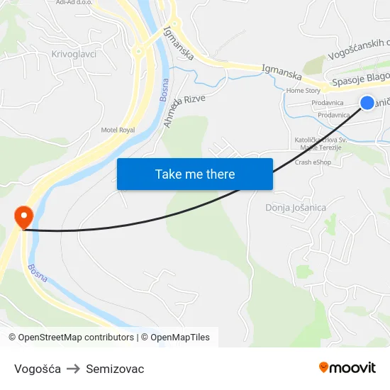 Vogošća to Semizovac map