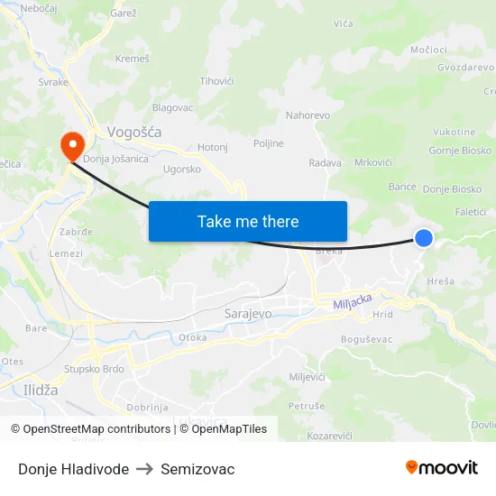 Donje Hladivode to Semizovac map