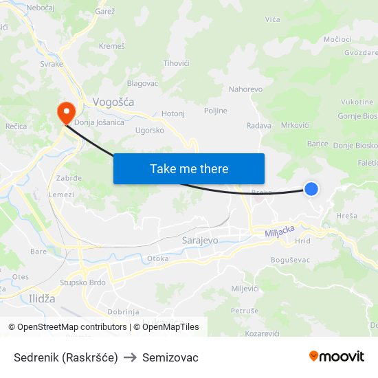 Sedrenik (Raskršće) to Semizovac map