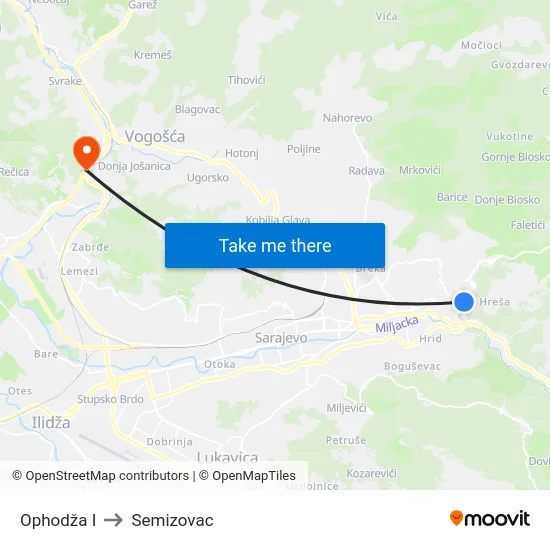 Ophodža I to Semizovac map
