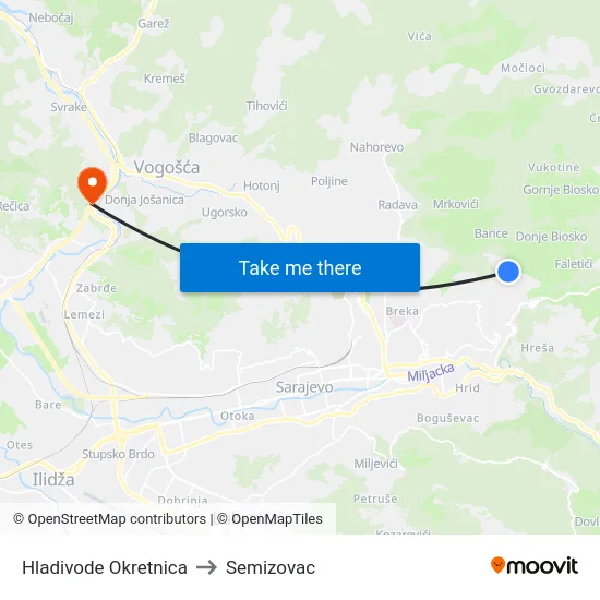 Hladivode Okretnica to Semizovac map