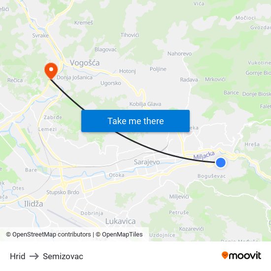 Hrid to Semizovac map