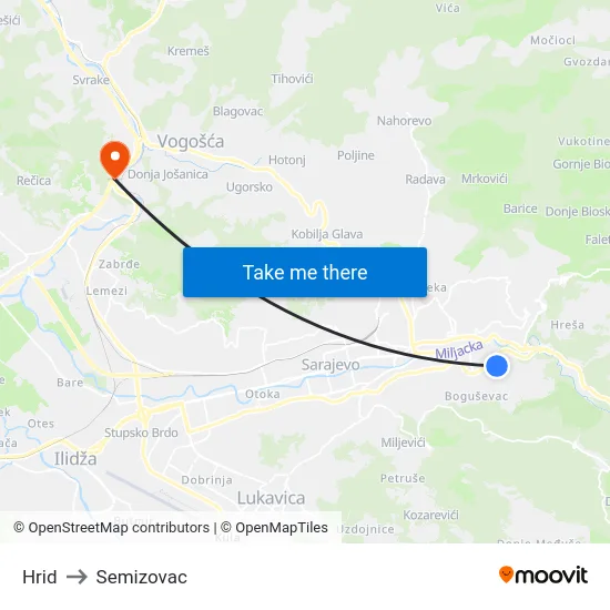 Hrid to Semizovac map