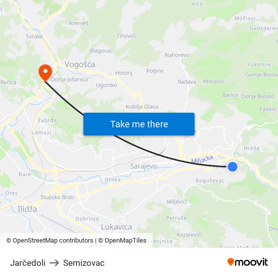 Jarčedoli to Semizovac map