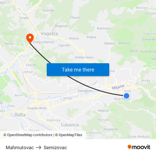 Mahmutovac to Semizovac map