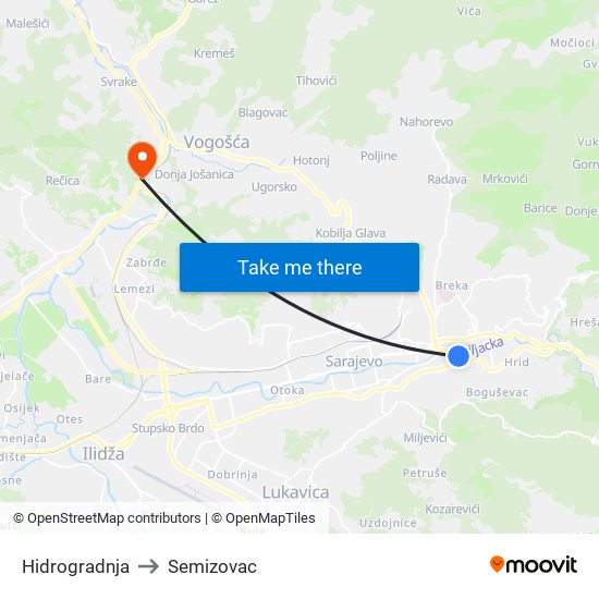 Hidrogradnja to Semizovac map