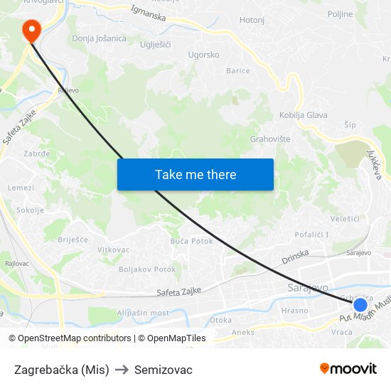 Zagrebačka (Mis) to Semizovac map