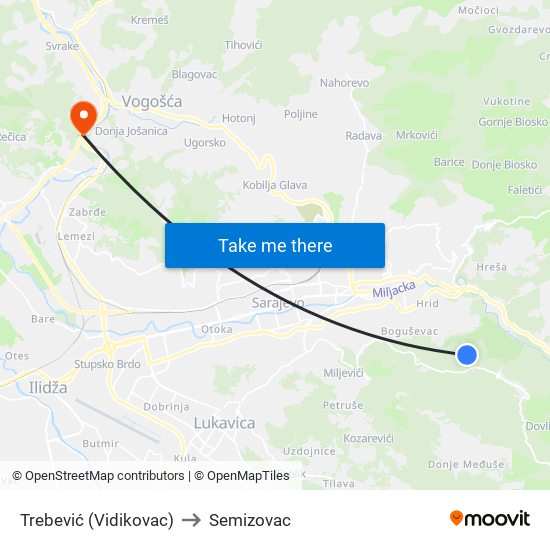 Trebević (Vidikovac) to Semizovac map