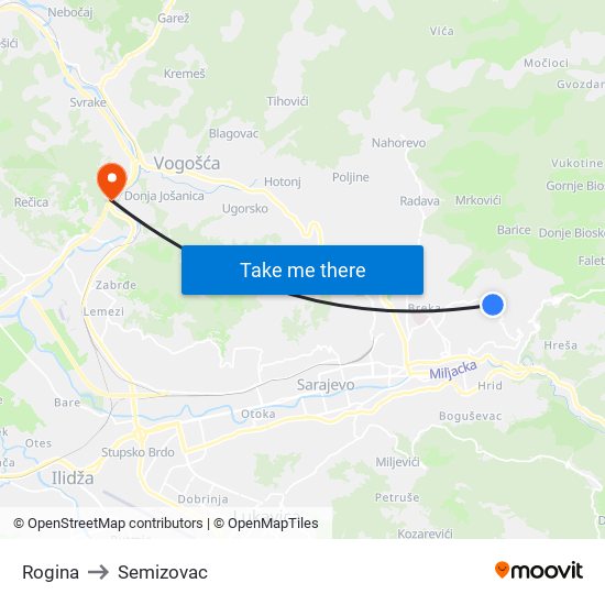 Rogina to Semizovac map