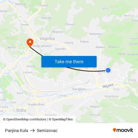 Panjina Kula to Semizovac map