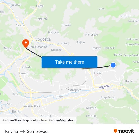 Krivina to Semizovac map