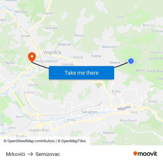 Mrkovići to Semizovac map