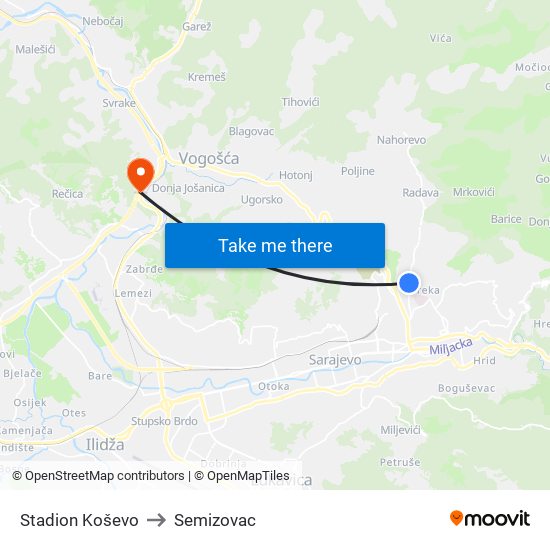 Stadion Koševo to Semizovac map