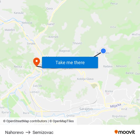 Nahorevo to Semizovac map