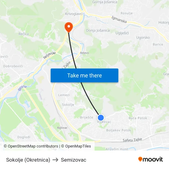 Sokolje (Okretnica) to Semizovac map