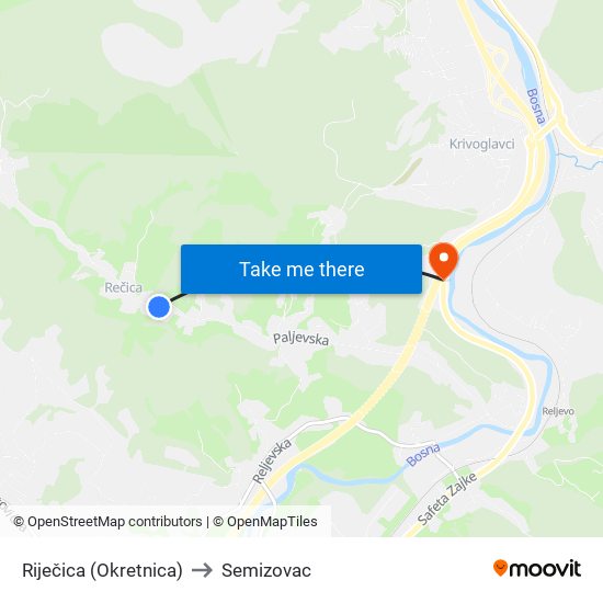 Riječica (Okretnica) to Semizovac map