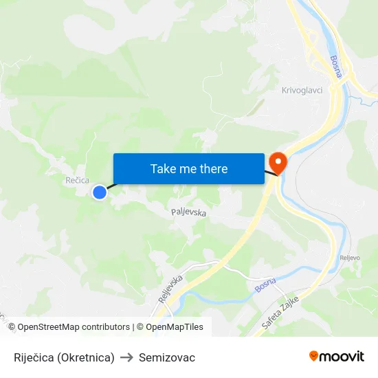 Riječica (Okretnica) to Semizovac map