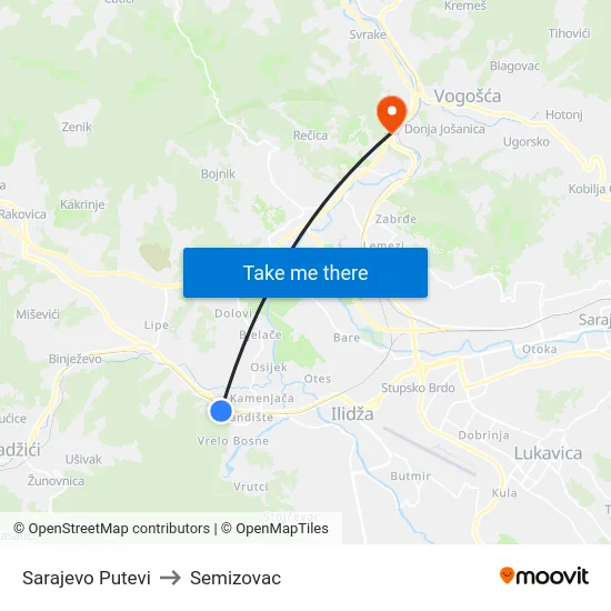 Sarajevo Putevi to Semizovac map